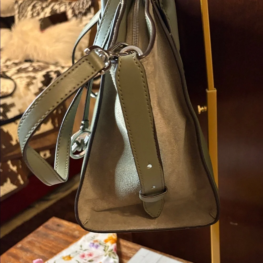 Michael Kors Green with suede Avril top zip satchel